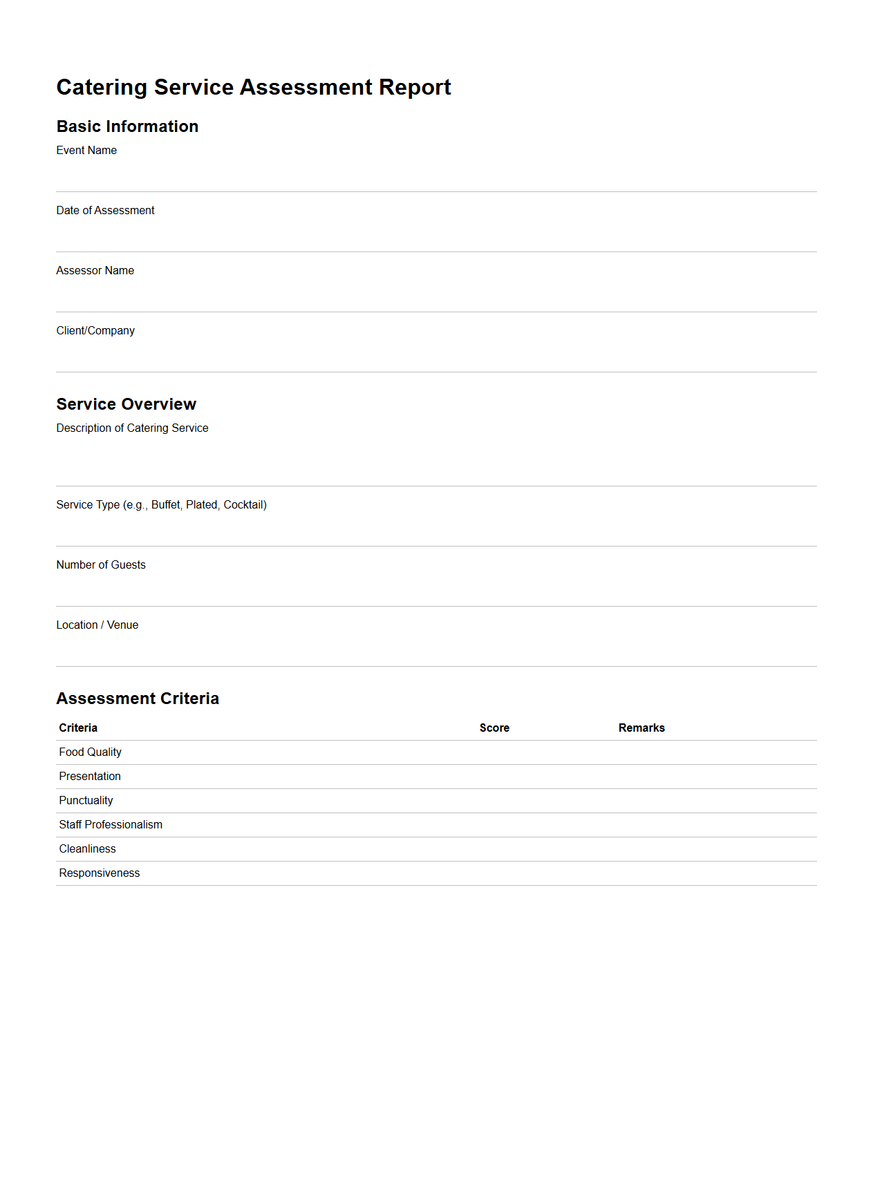 Catering Service Assessment Report