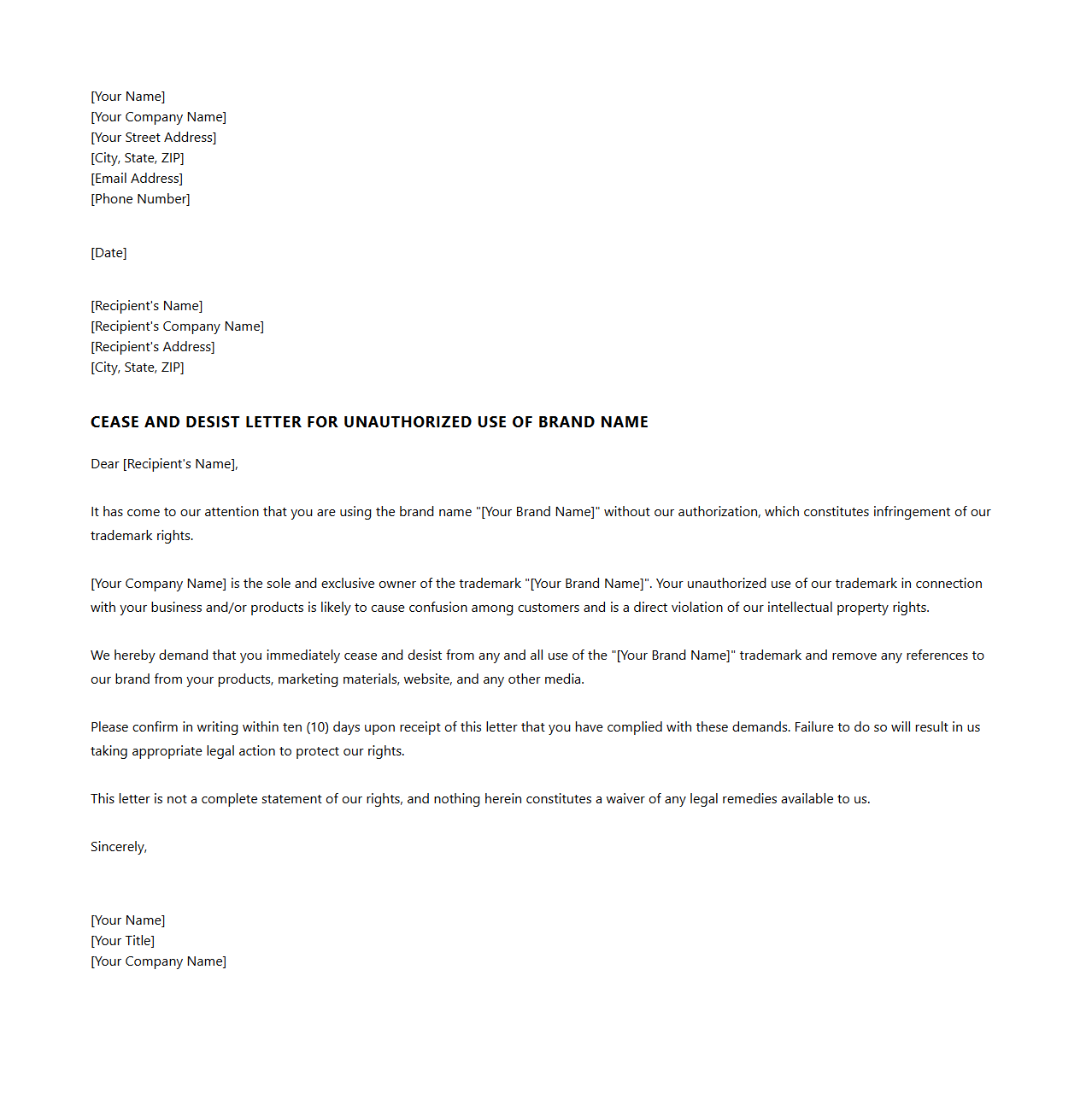 Cease and Desist Letter for Unauthorized Use of Brand Name