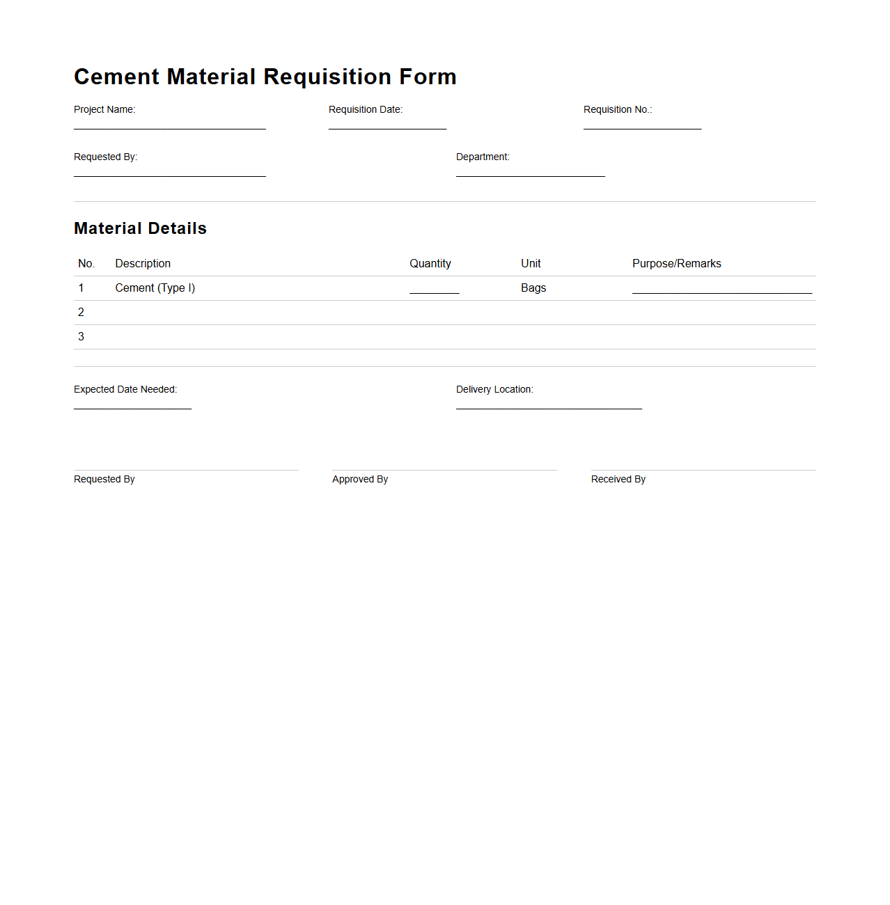 Cement Material Requisition Form Sample