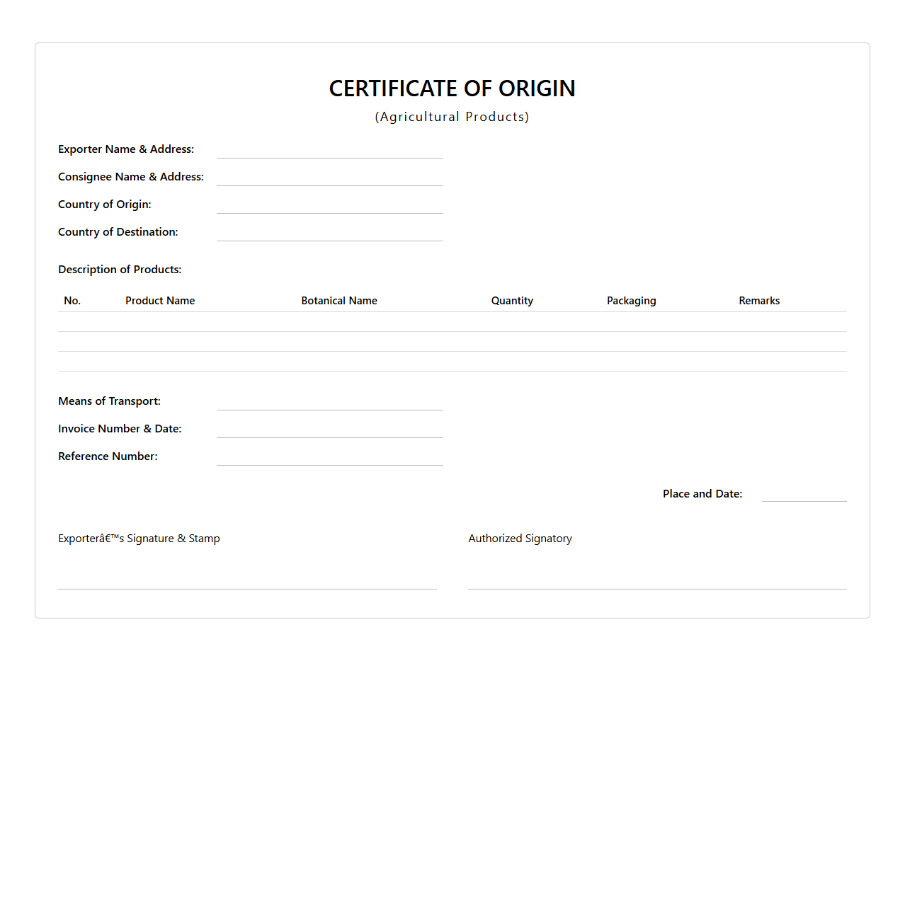 Certificate of Origin Template for Agricultural Products