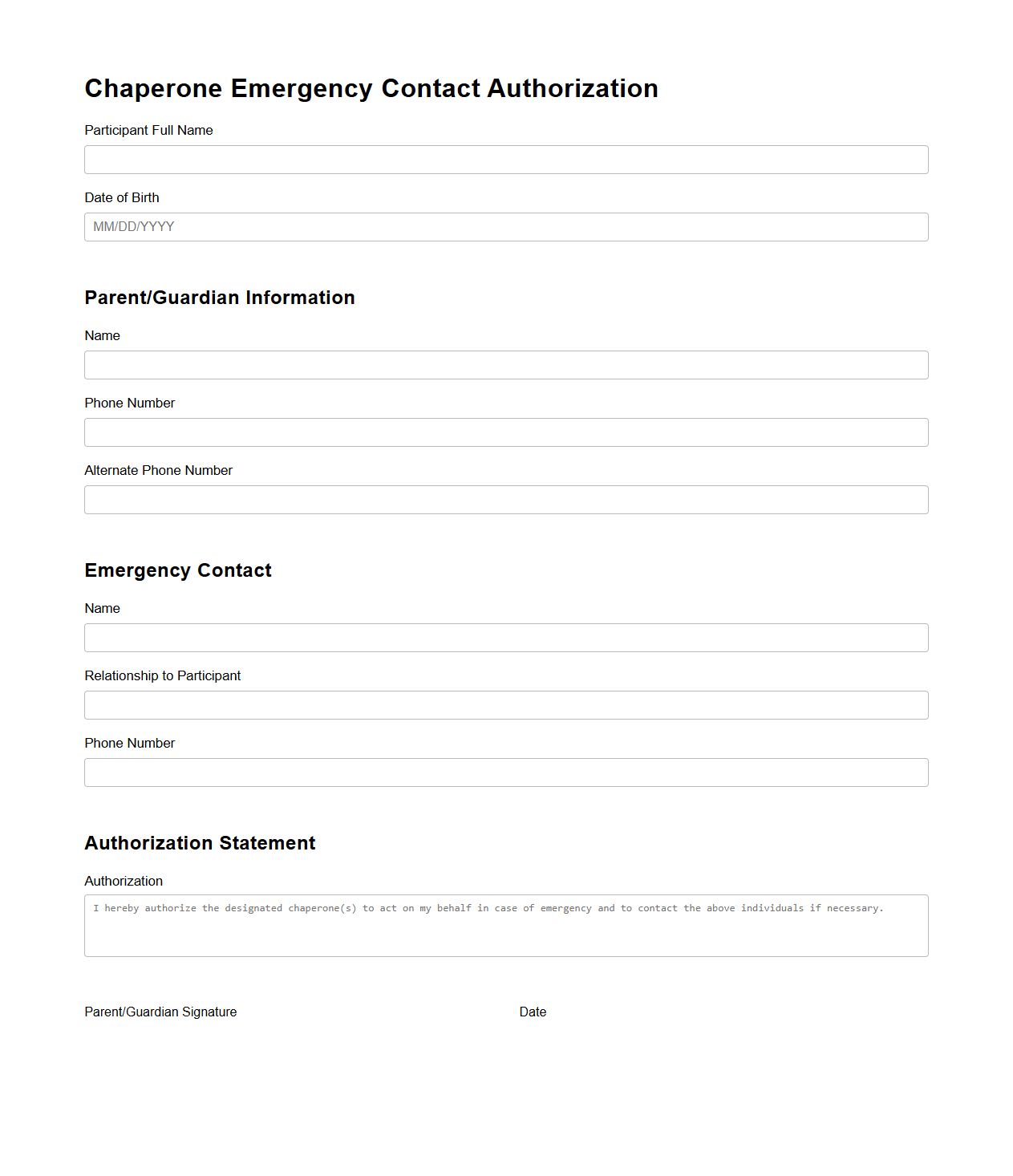 Chaperone Emergency Contact Authorization