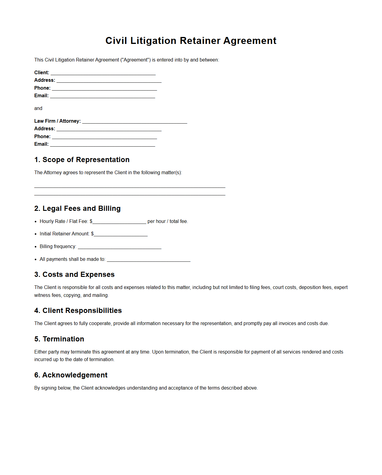 Civil Litigation Retainer Agreement Template