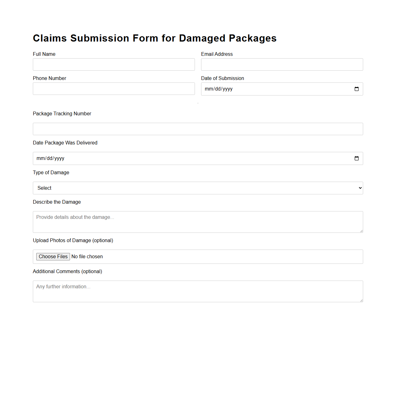 Claims Submission Form for Damaged Packages