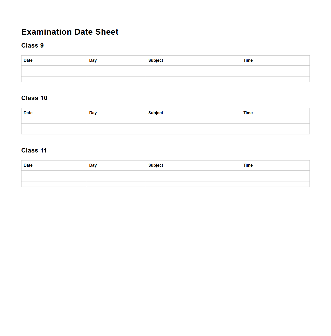 Class-wise Examination Date Sheet Sample