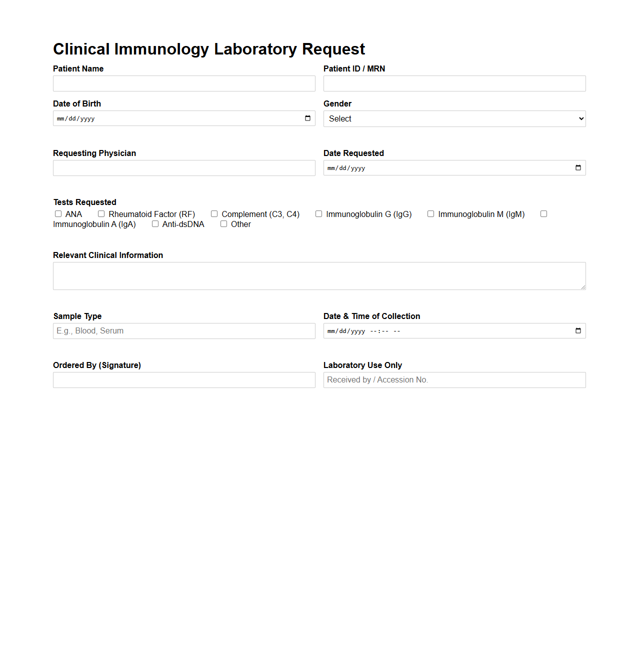 Clinical Immunology Laboratory Request Sample