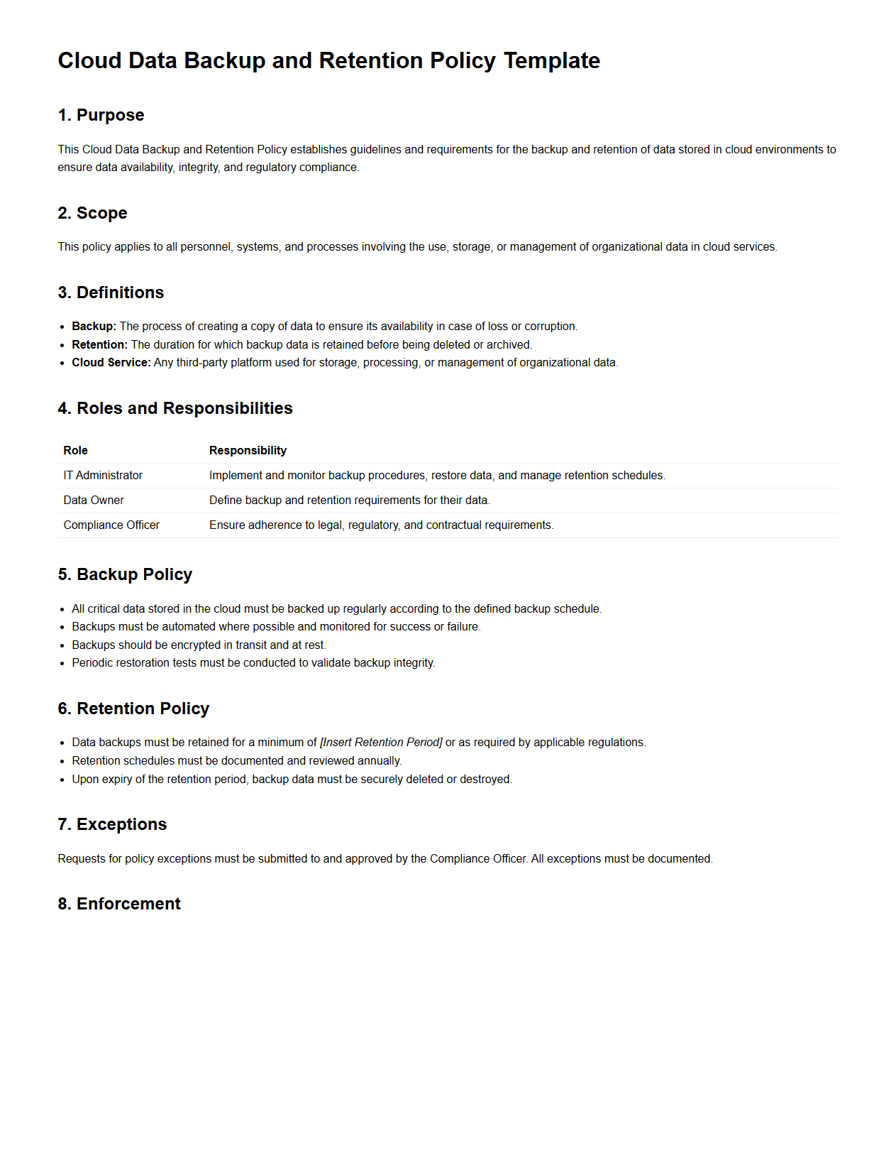 Cloud Data Backup and Retention Policy Template