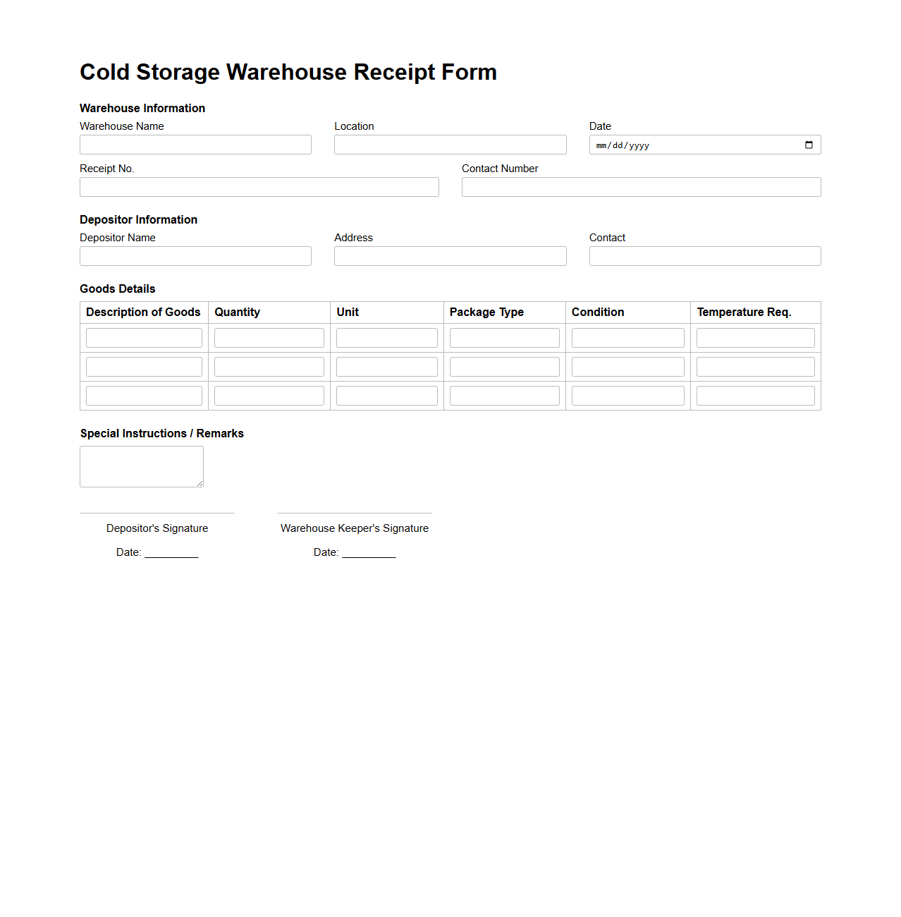 Cold Storage Warehouse Receipt Form
