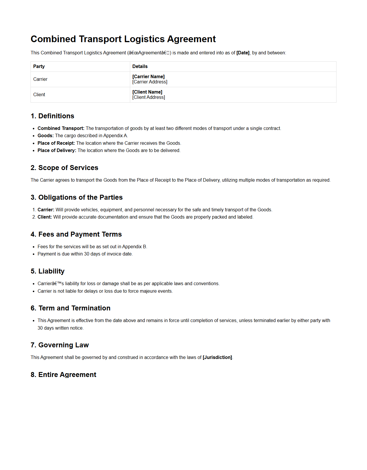 Combined Transport Logistics Agreement Sample