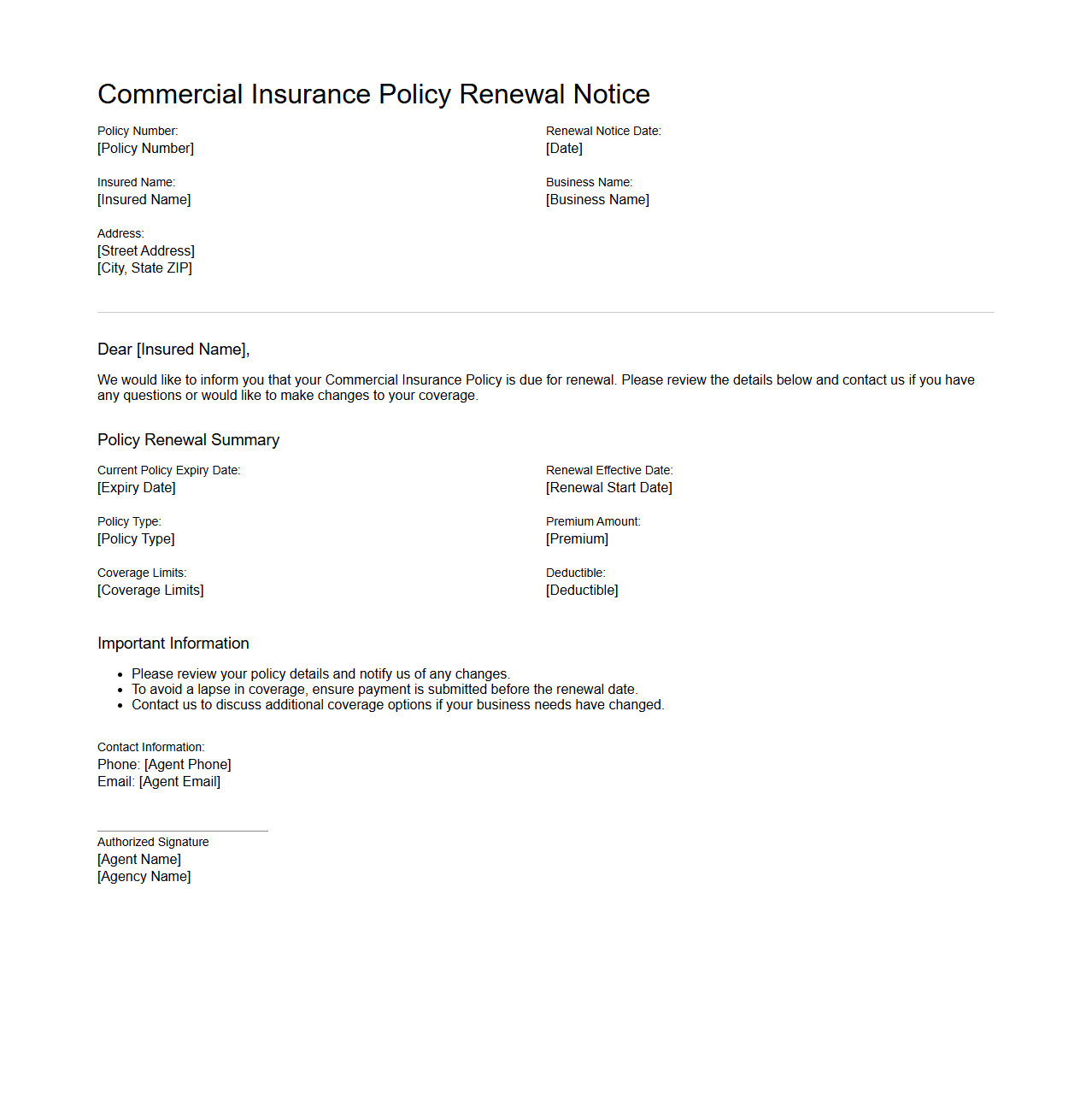 Commercial Insurance Policy Renewal Notice Template