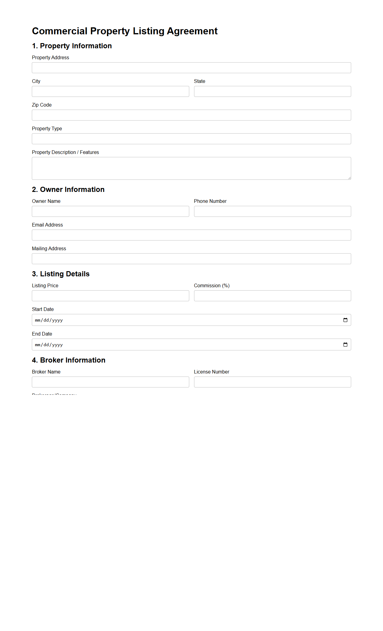 Commercial Property Listing Agreement Form