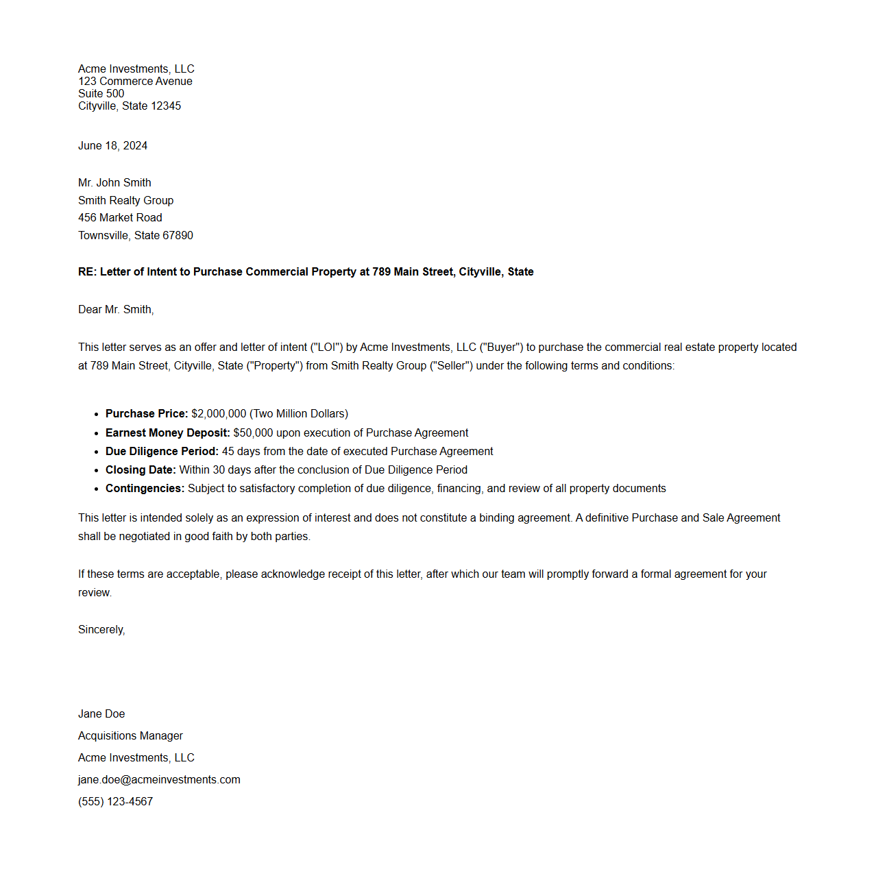 Commercial Real Estate Offer Letter Example