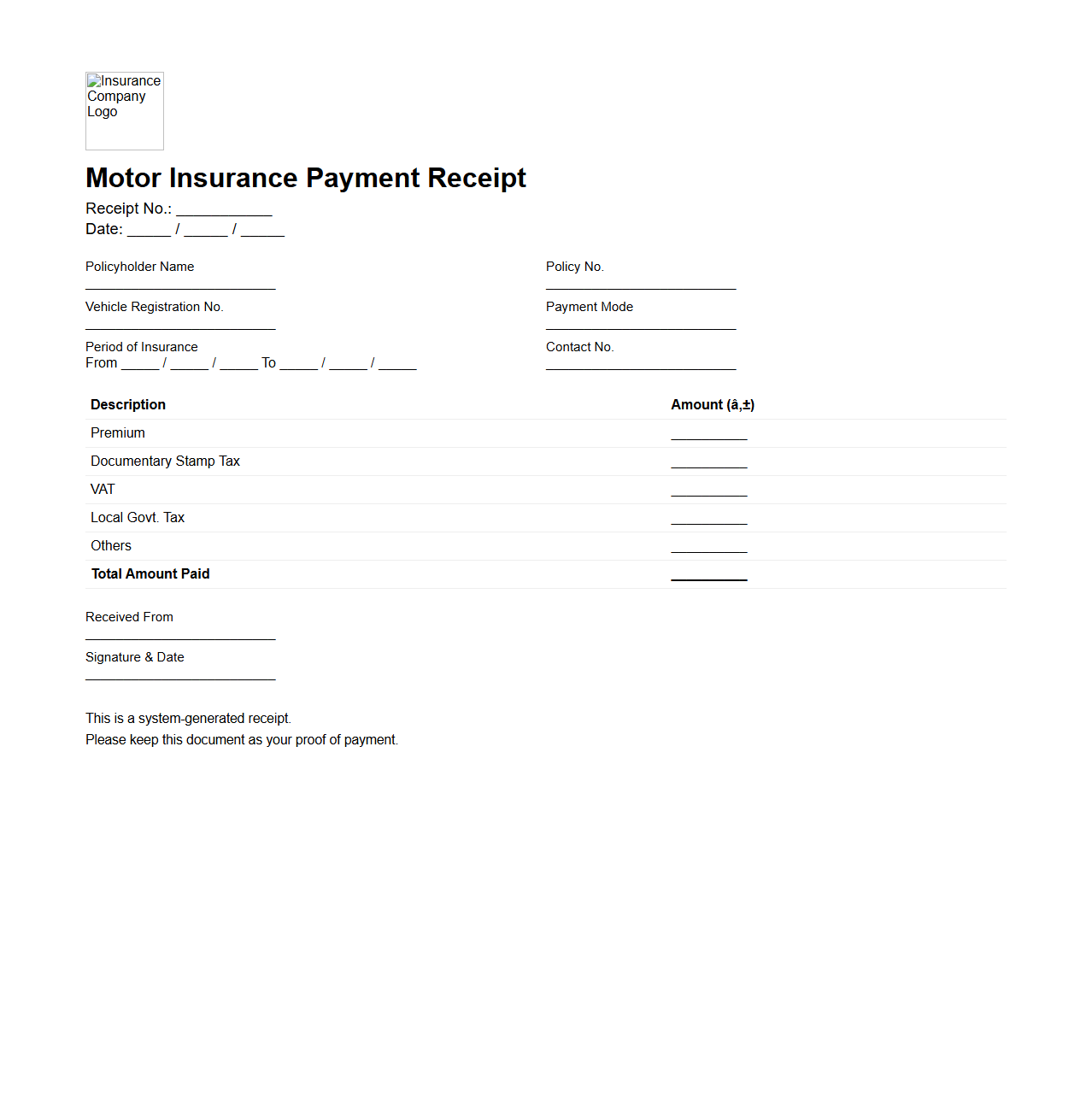 Comprehensive Motor Insurance Payment Receipt Layout
