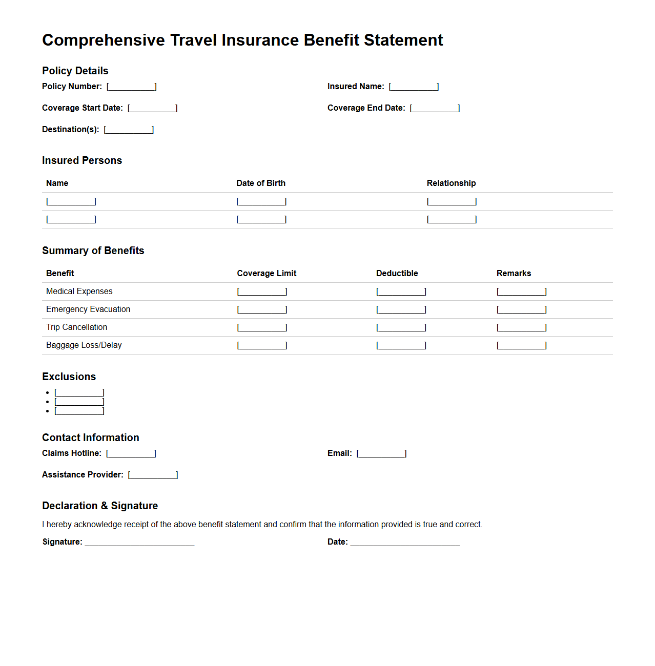 Comprehensive Travel Insurance Benefit Statement Template
