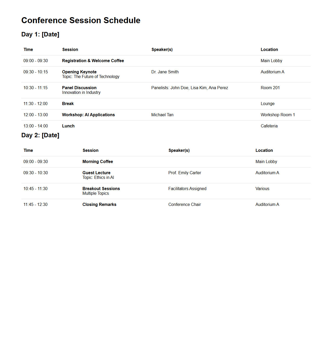 Conference Session Schedule Template