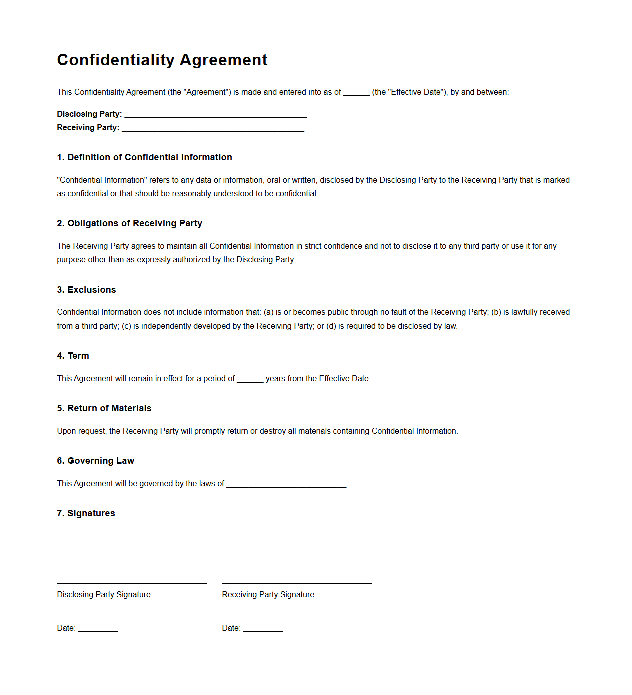 Confidentiality Agreement Template