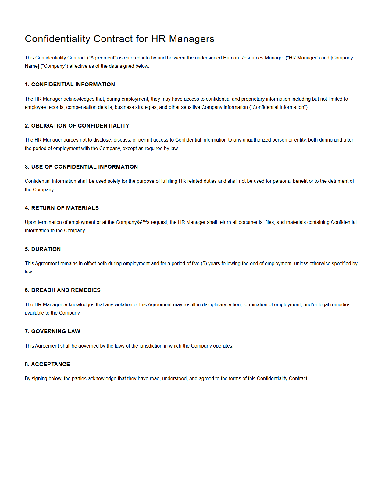 Confidentiality Contract for HR Managers