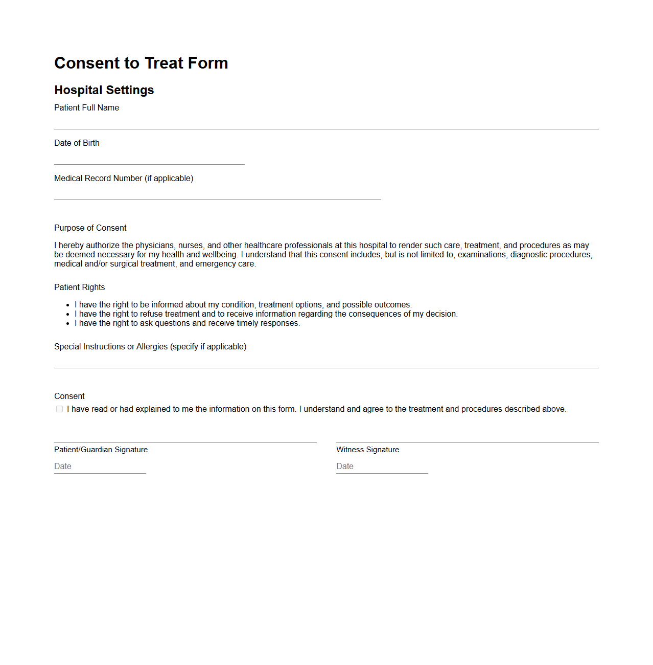 Consent to Treat Form in Hospital Settings
