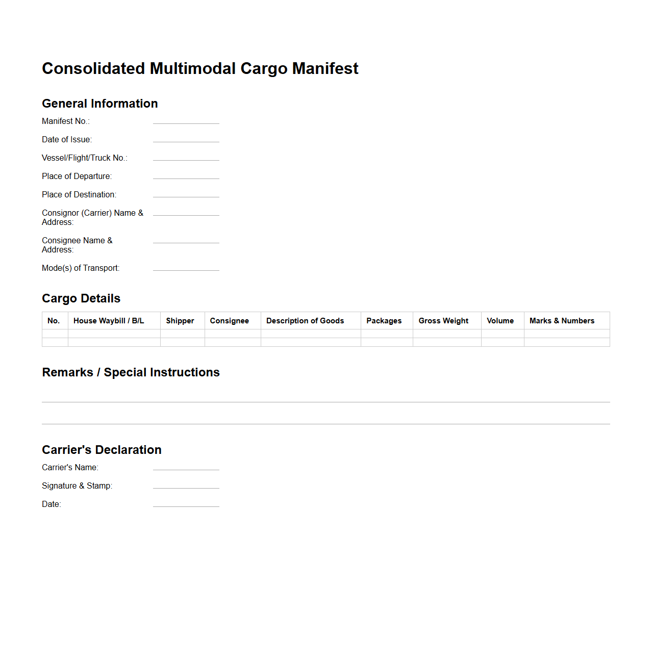 Consolidated Multimodal Cargo Manifest Sample
