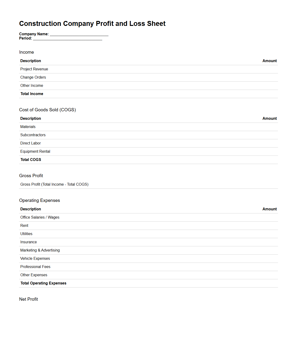 Construction Company Profit and Loss Sheet for Small Businesses