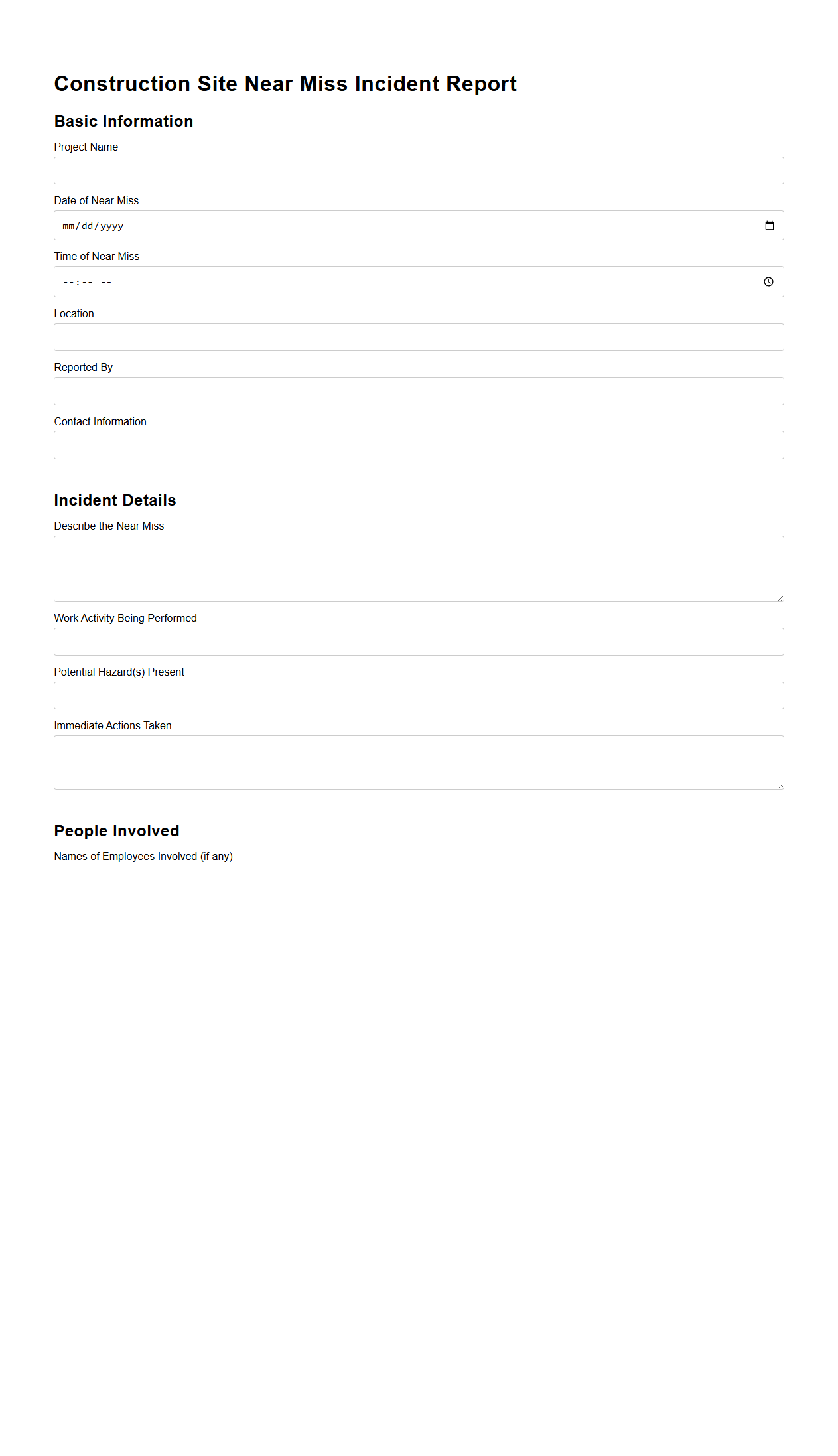 Construction Site Near Miss Incident Report Outline