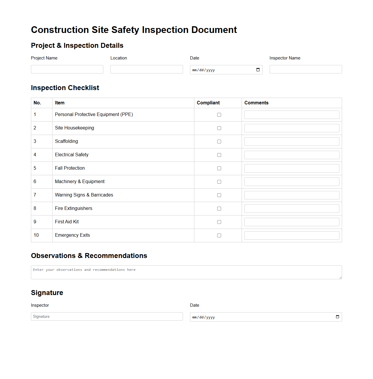 Construction Site Safety Inspection Document