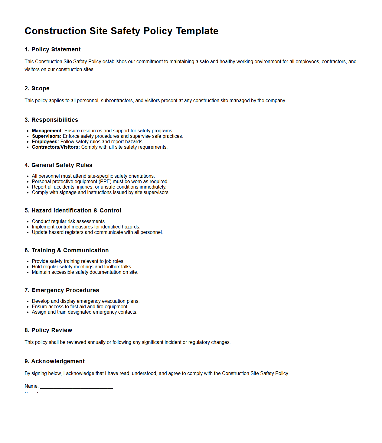 Construction Site Safety Policy Template