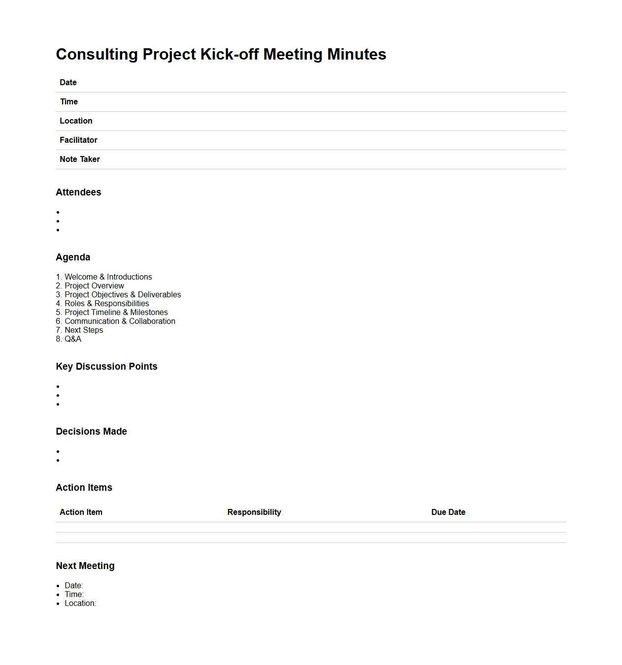Consulting Project Kick-off Meeting Minutes Sample