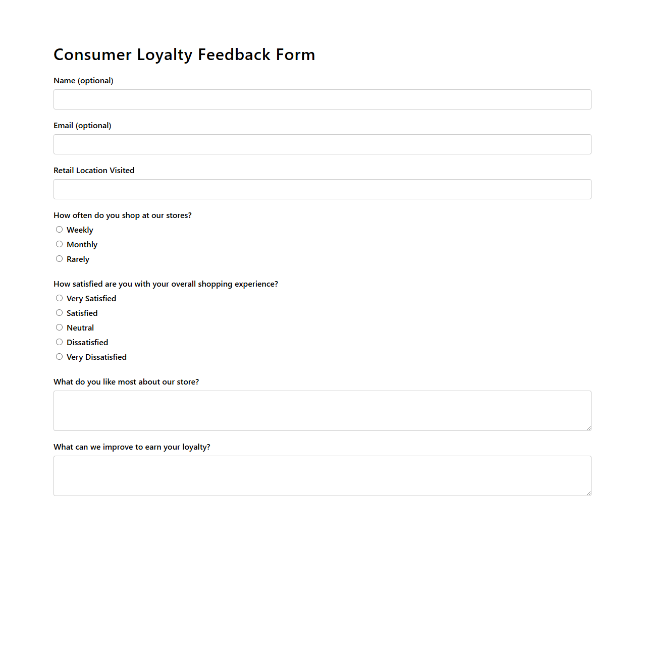 Consumer Loyalty Feedback Form for Retail Locations