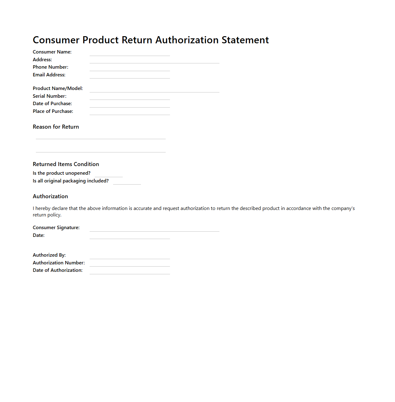 Consumer Product Return Authorization Statement