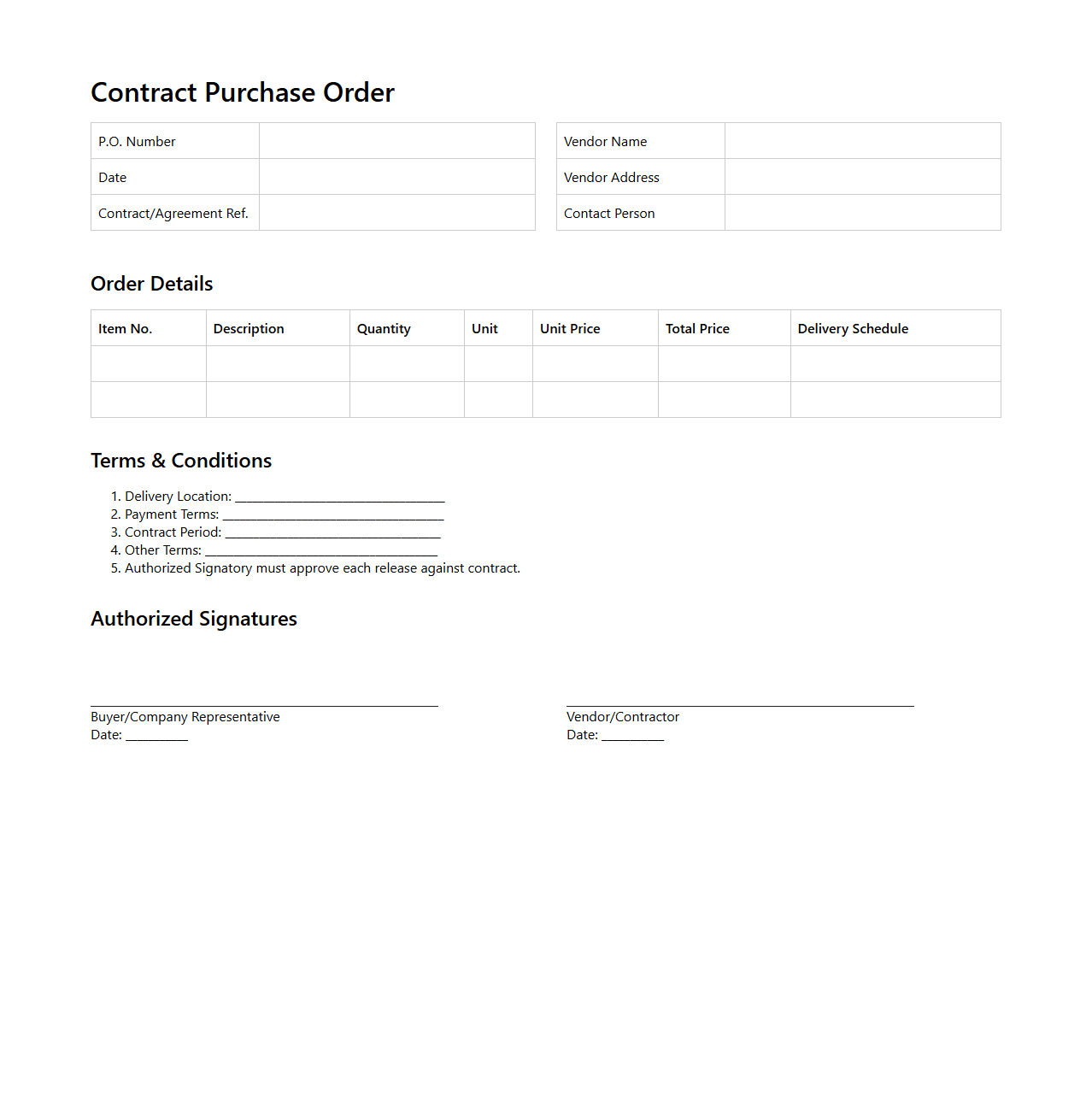 Contract Purchase Order Format for Long-Term Vendors