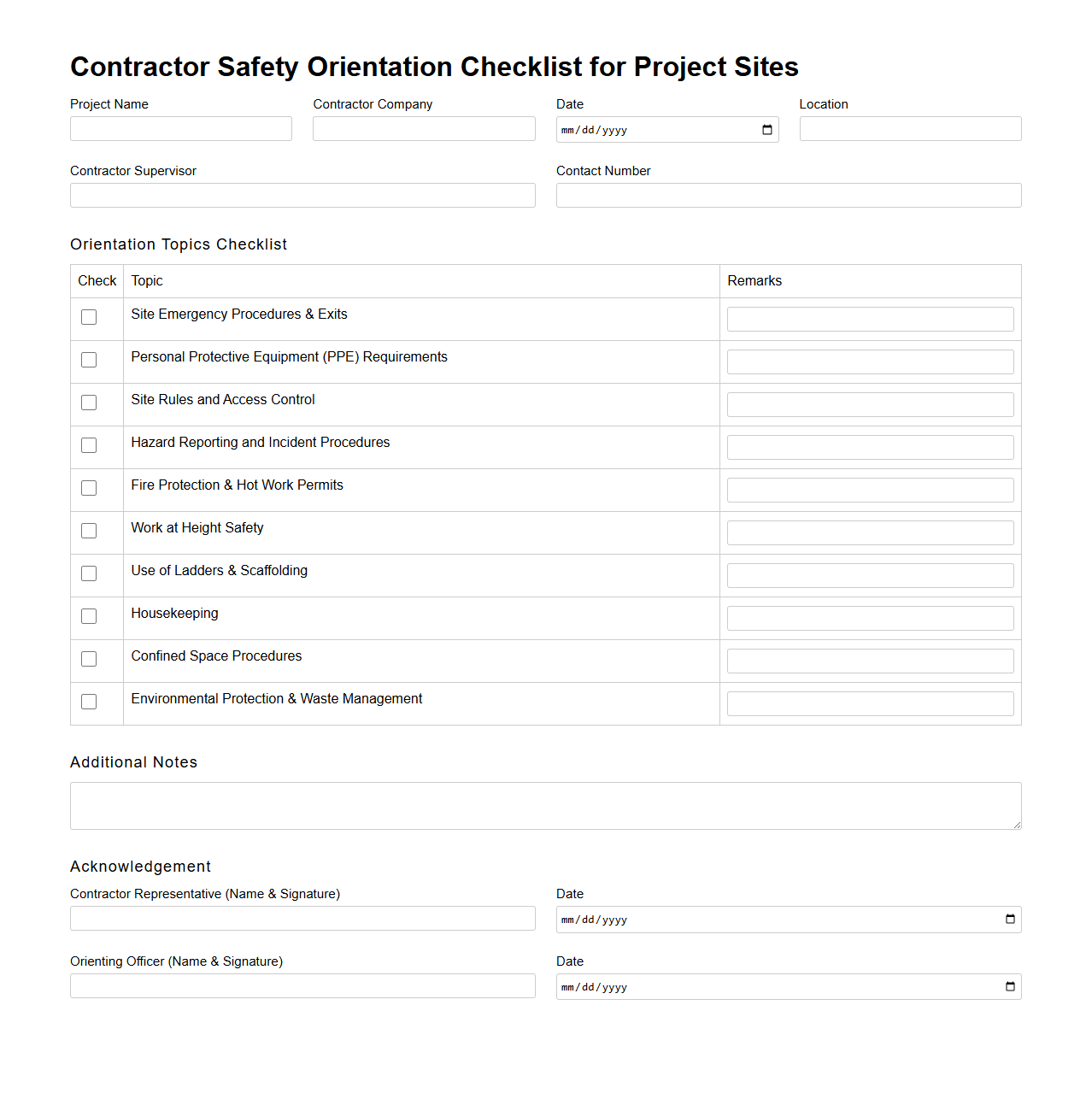 Contractor Safety Orientation Checklist for Project Sites