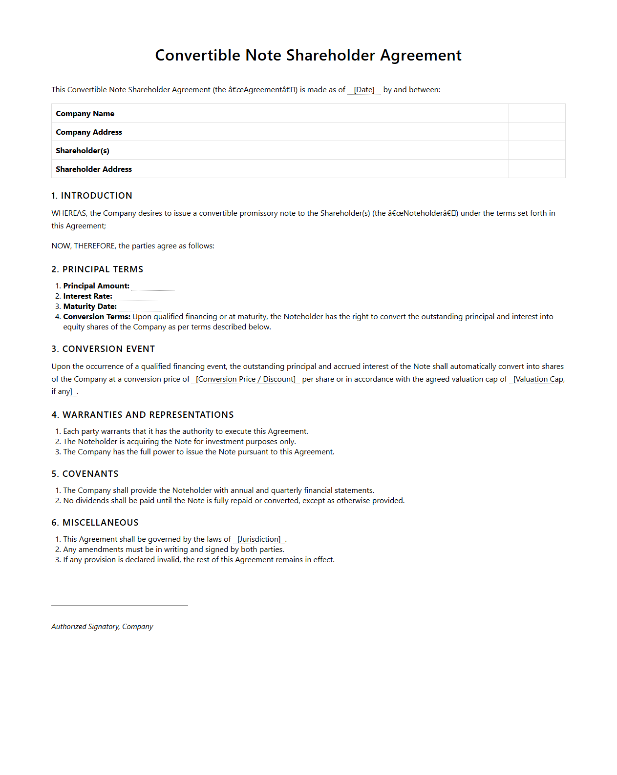 Convertible Note Shareholder Agreement Template