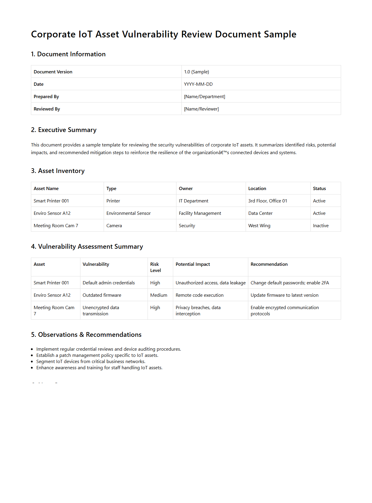 Corporate IoT Asset Vulnerability Review Document Sample