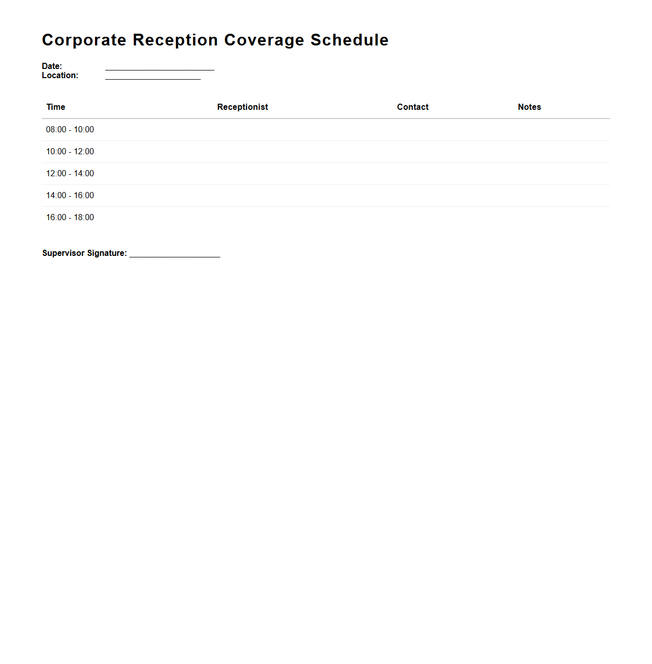 Corporate Reception Coverage Schedule