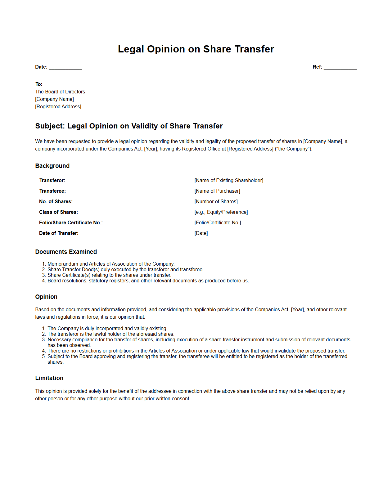 Corporate Share Transfer Legal Opinion Format