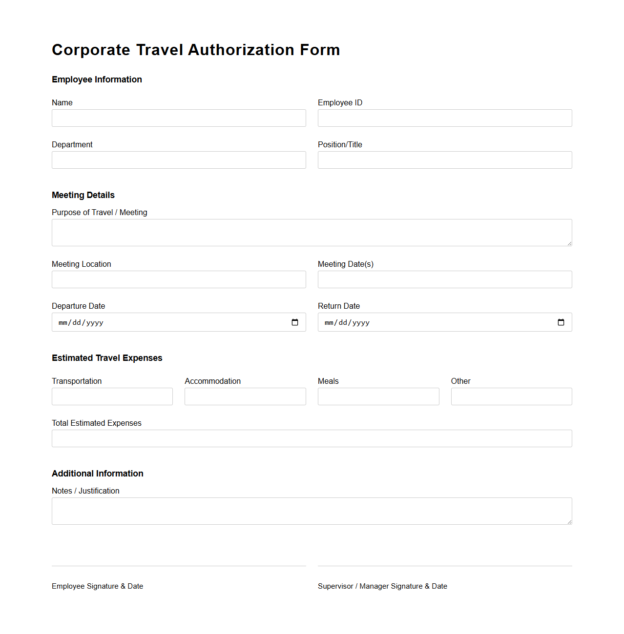 Corporate Travel Authorization Form for Business Meetings