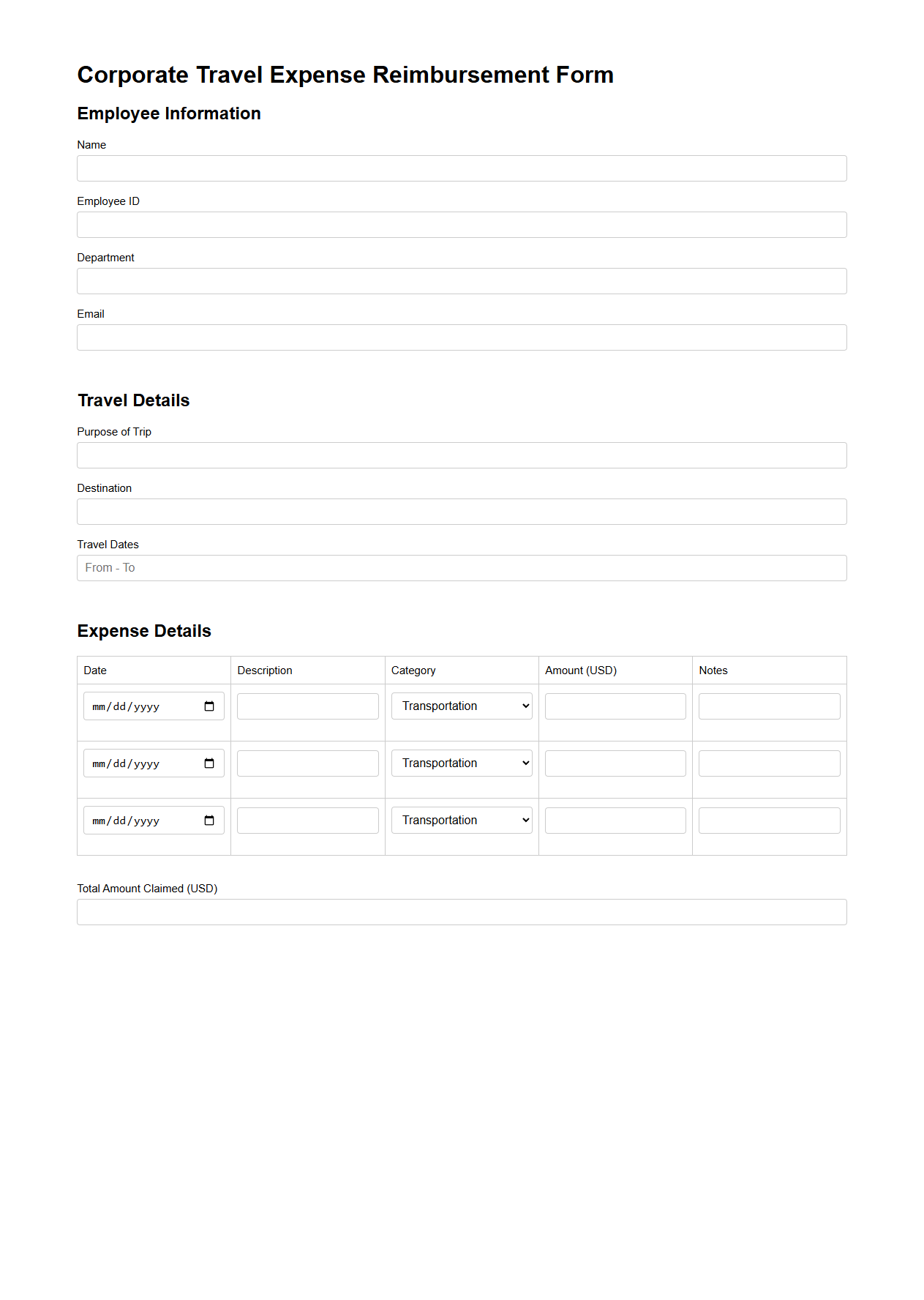 Corporate Travel Expense Reimbursement Form