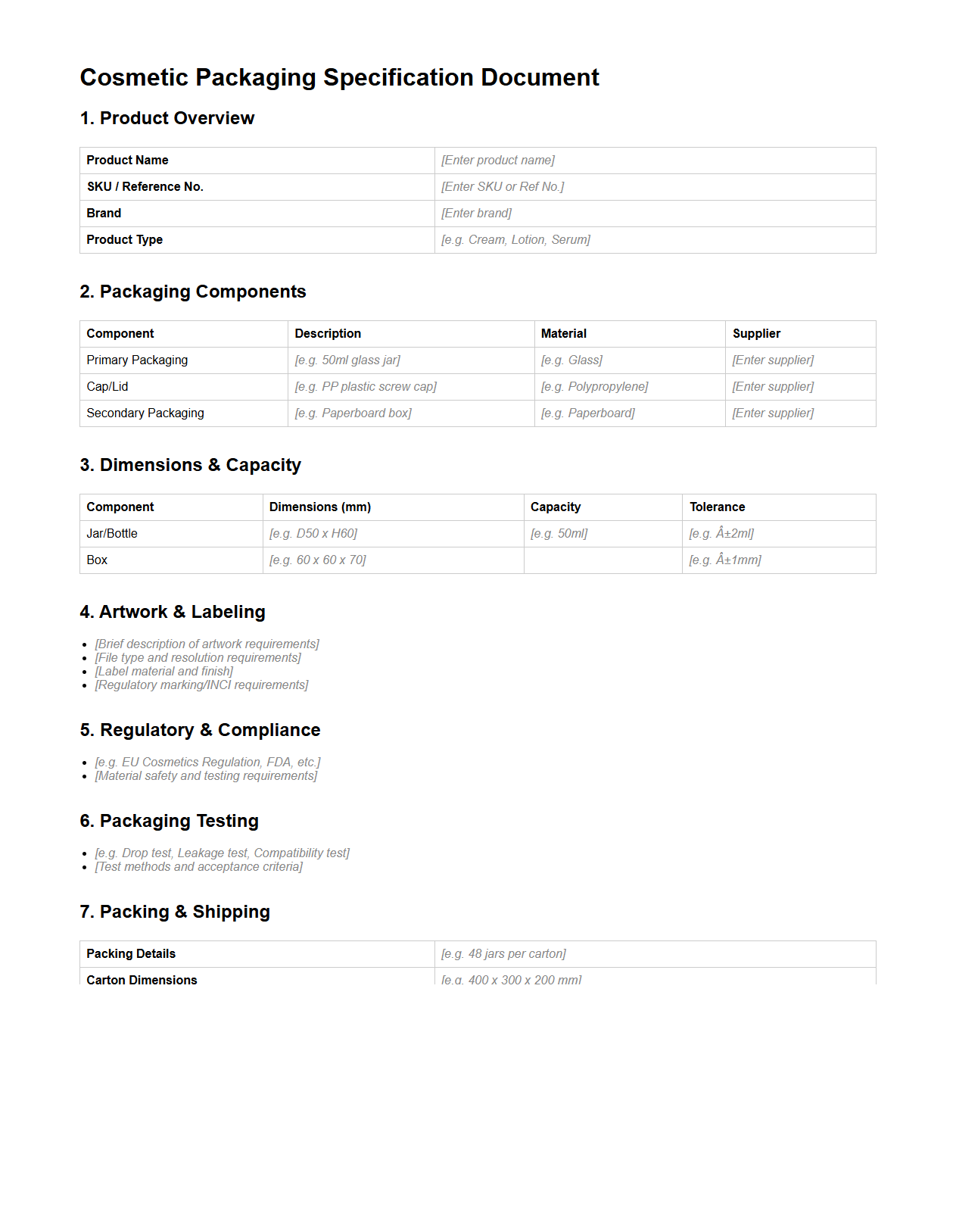 Cosmetic Packaging Specification Document Sample