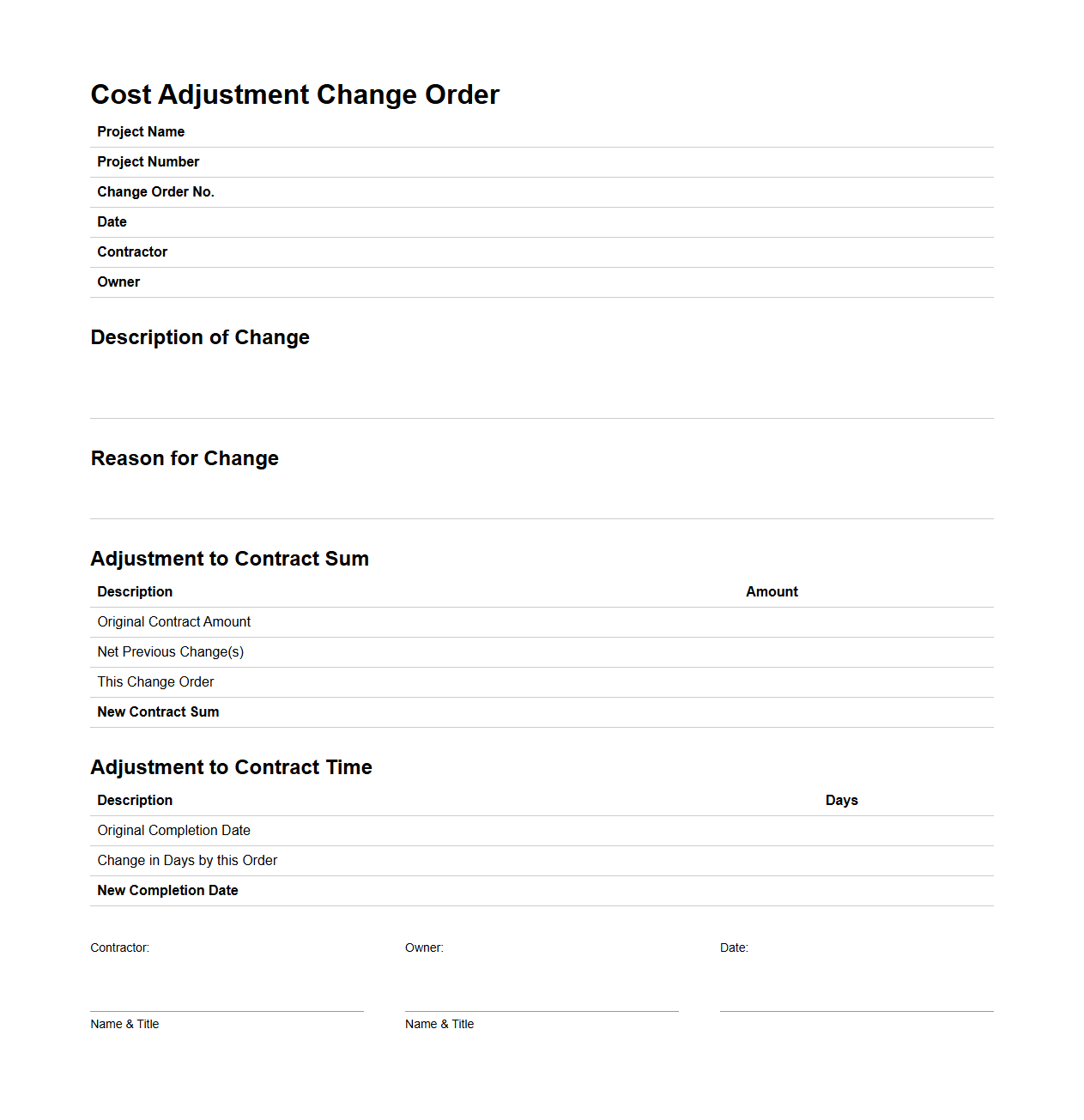 Cost Adjustment Change Order for Building Projects