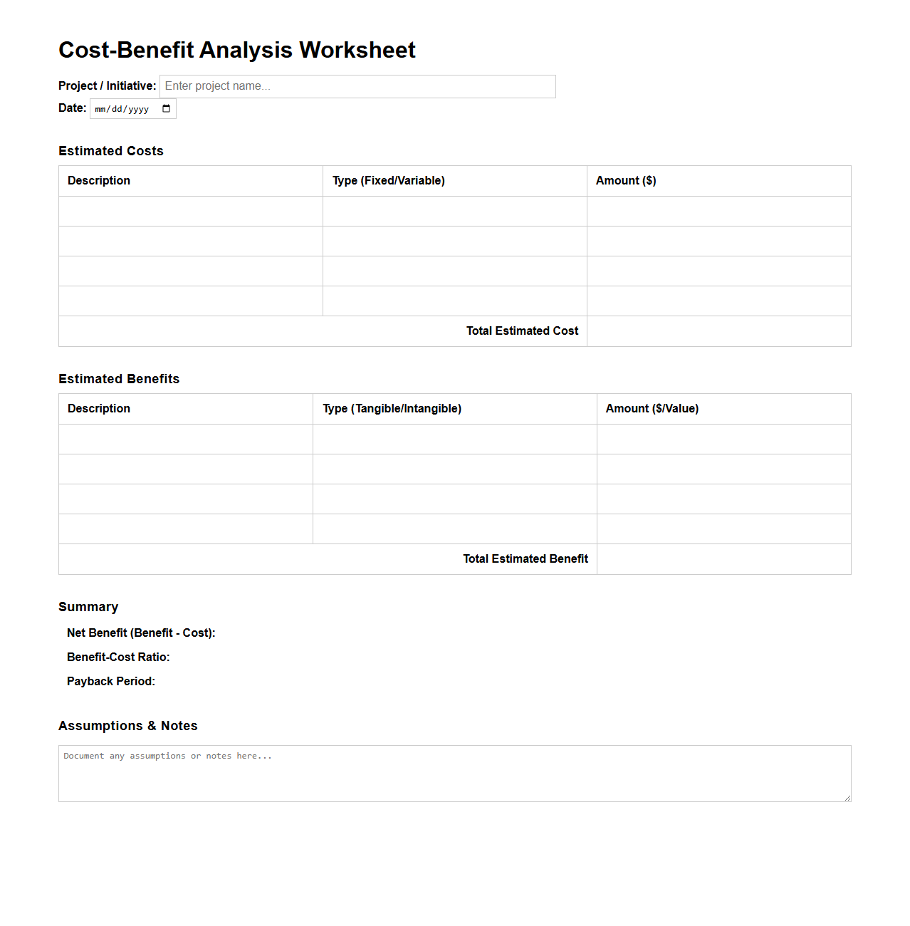 Cost-Benefit Analysis Worksheet for Operations Consulting
