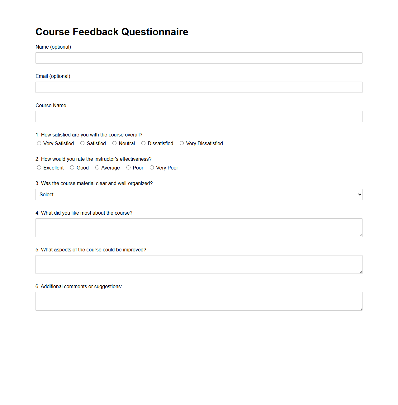 Course Feedback Questionnaire Template