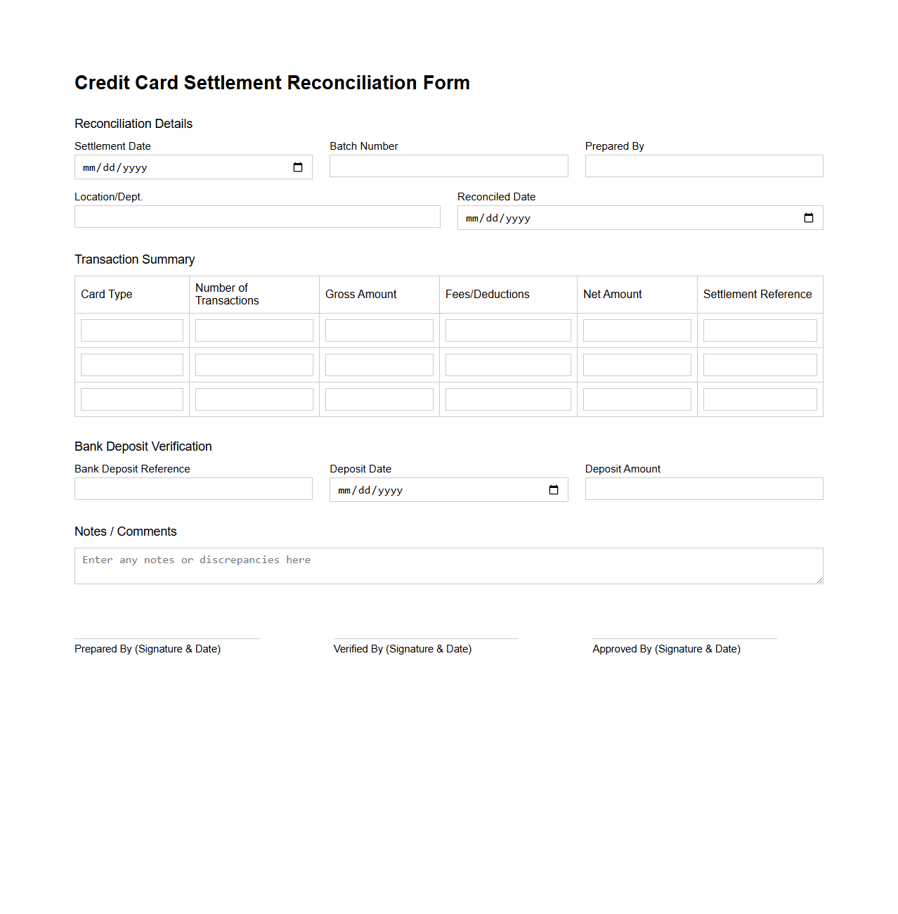 Credit Card Settlement Reconciliation Form