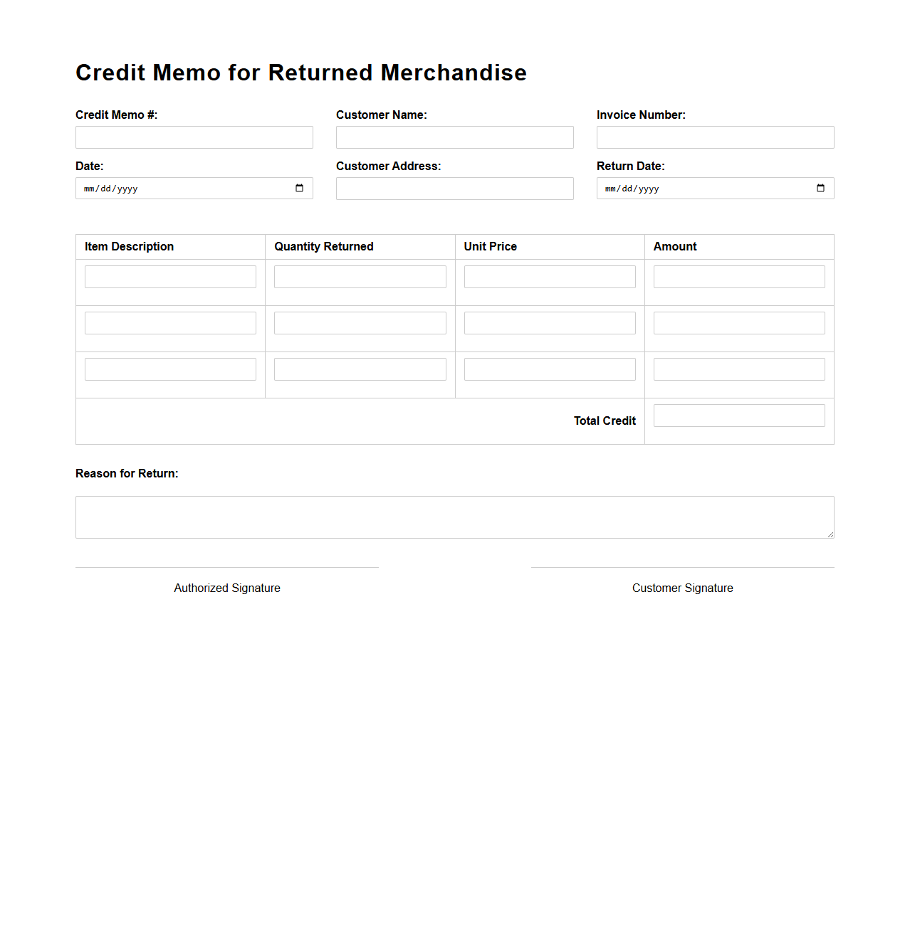 Credit Memo Template for Returned Merchandise