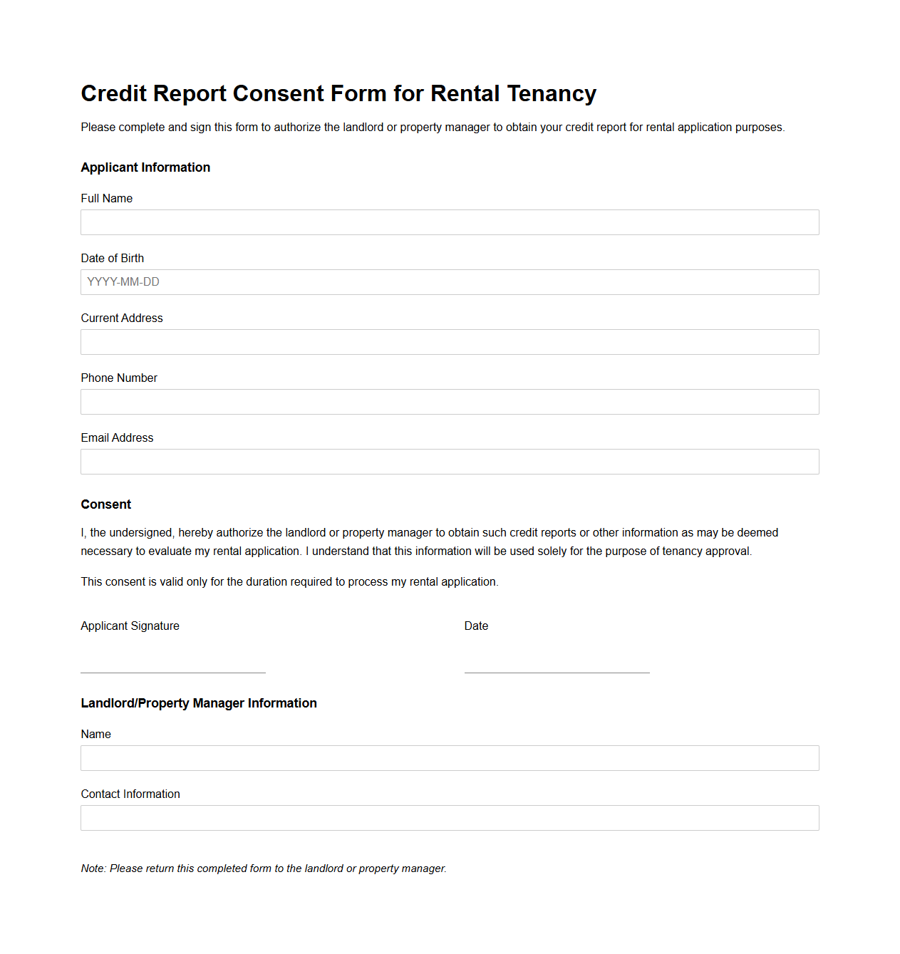 Credit Report Consent Form for Rental Tenancy