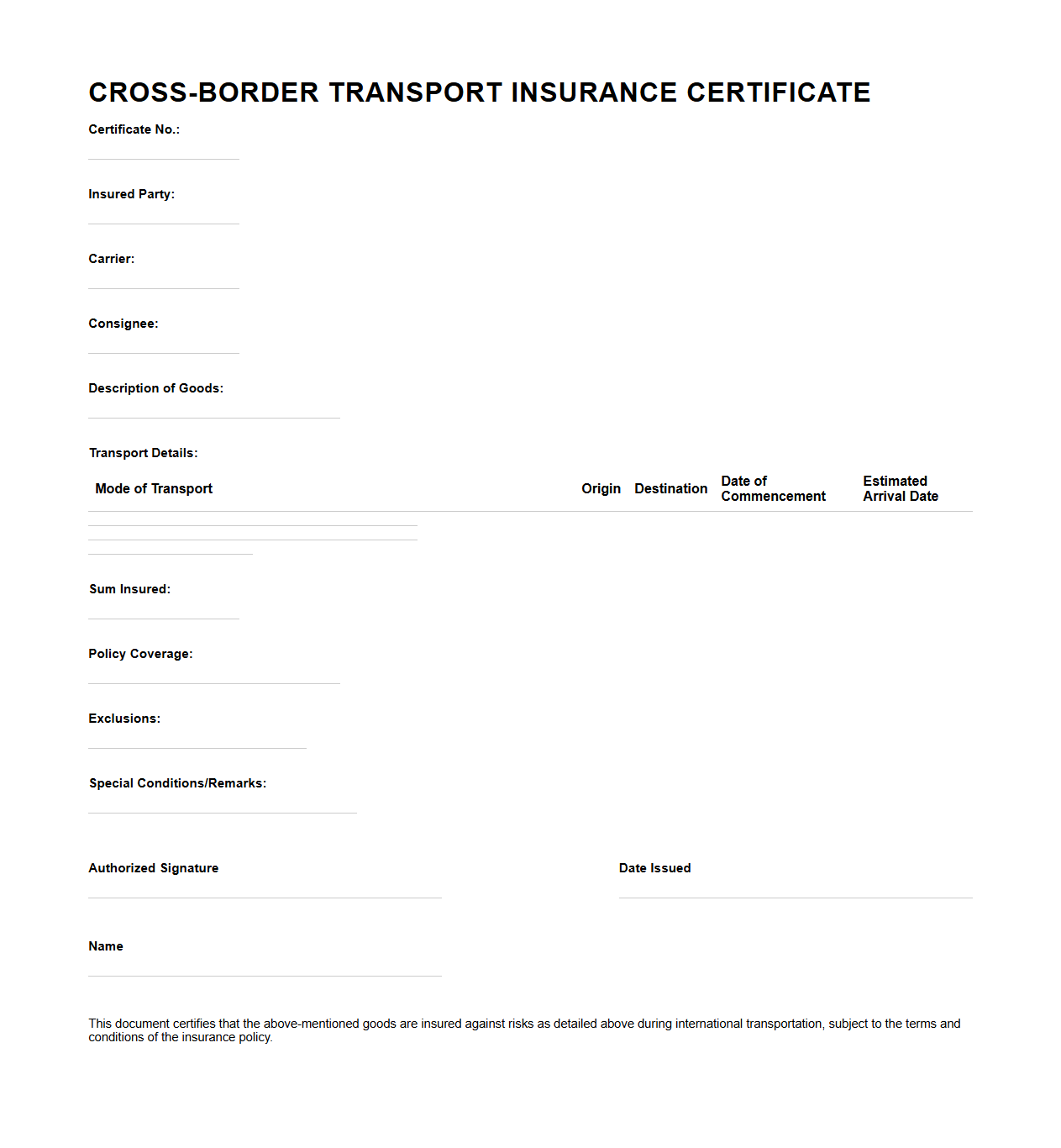 Cross-Border Transport Insurance Certificate for International Logistics