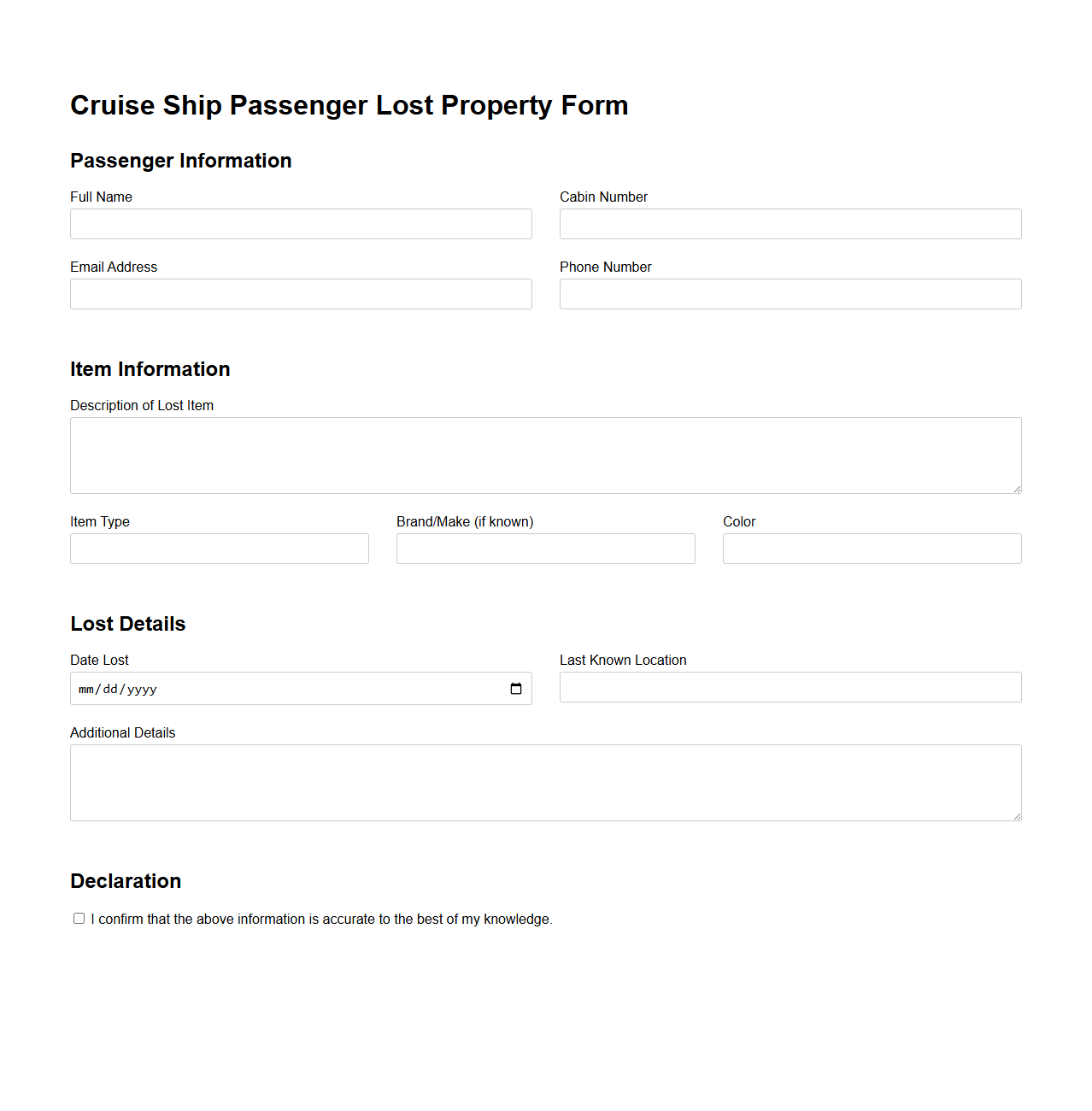 Cruise Ship Passenger Lost Property Form