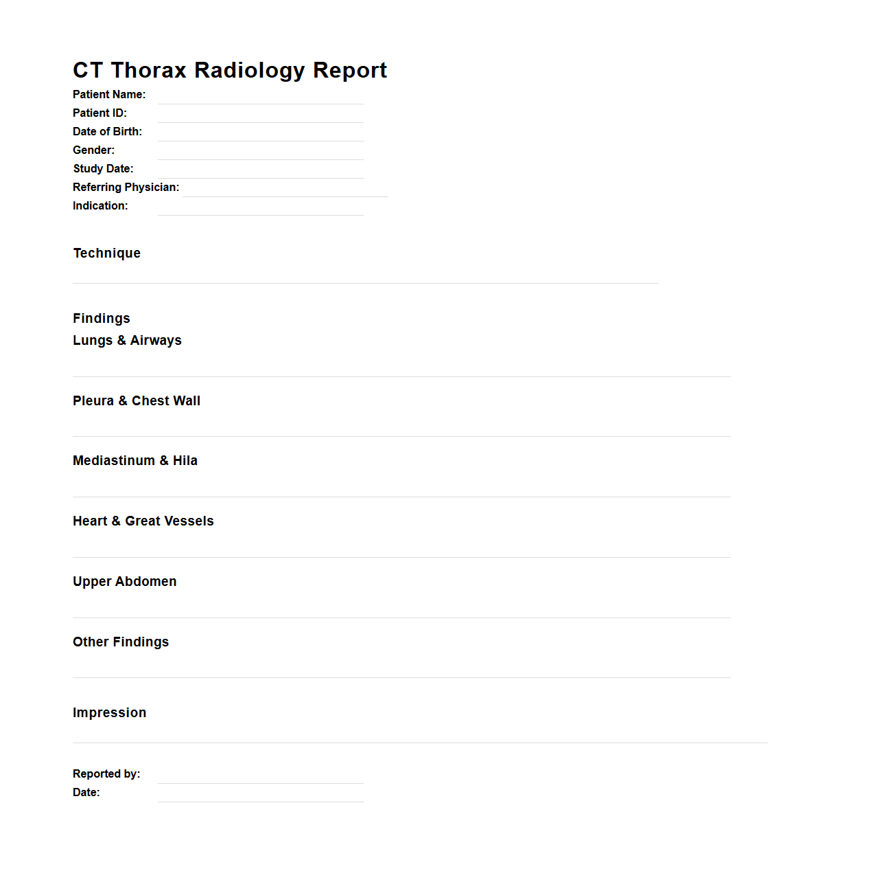 CT Thorax Radiology Report Template