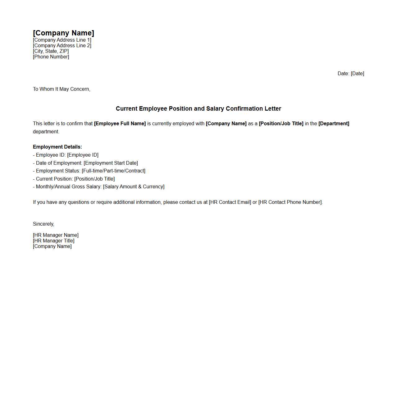 Current Employee Position and Salary Confirmation Letter