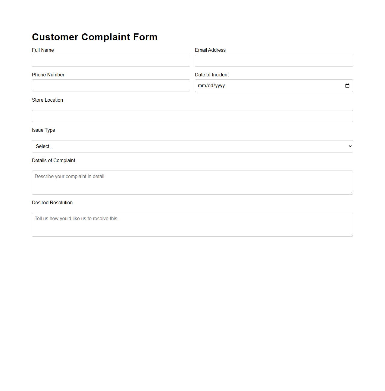 Customer Complaint Form for Retail Service Issues