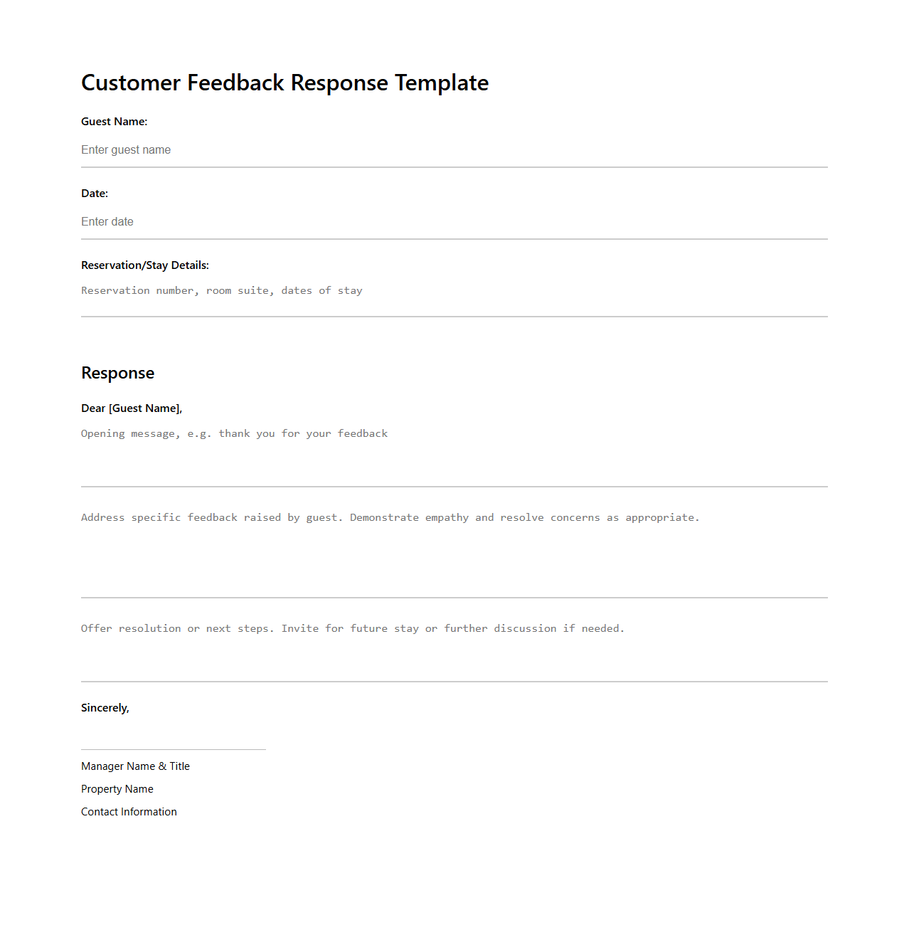 Customer Feedback Response Template for Upscale Hospitality